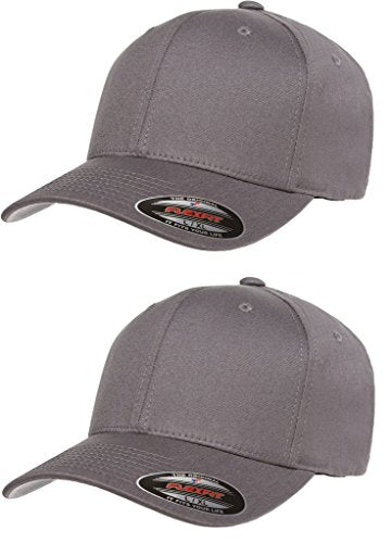 Flexfit 2-Pack Premium Original Cotton Twill Fitted Hat w/THP No Sweat Headliner Bundle Pack Grey