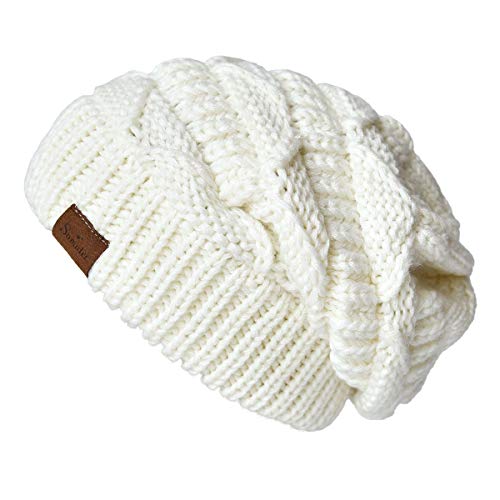 Women's Knitted Angora Wool Hat for Autumn and Winter Warm and Stylish with Rolled Brim and Slanted Rhinestones Cap - color: Z-creamy White