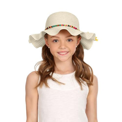 Girls Straw Hat with Flower Round Sunglasses, Summer Foldable Large Brim Sunflower Bowknot Beach Toddler Straw Sun Hat, 2-6T - color: Beige
