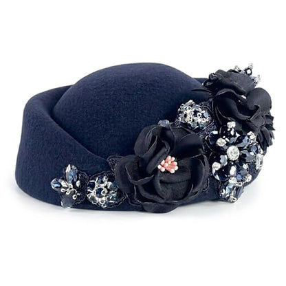 Petaluna Women's Flower Beret Suitable for Church Wearing Elegant Breathable Wedding Party Retro French Headdress - color: Navy Blue
