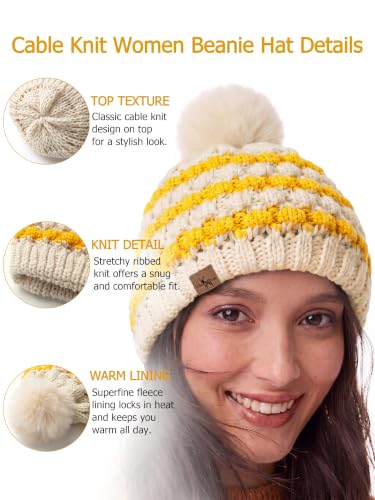 Winter Hats for Women Cable Knit Chunky Skull Cap Fleece Lined Thick Fold Cuff Beanie hat - color: Ginger& Cream Beanie, style: Pineapple