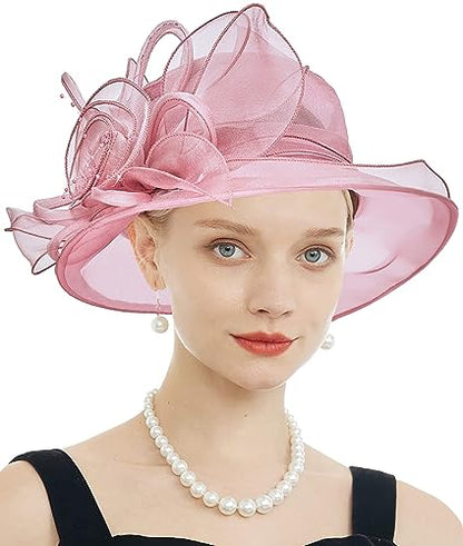Women's Kentucky Derby Church Dress Hat Wide Brim Leaf Flower Bridal Shower Hat - color: F2 Pink Purple