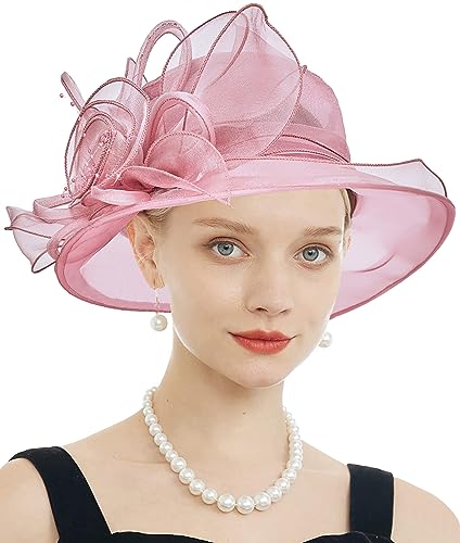 Women's Kentucky Derby Church Dress Hat Wide Brim Leaf Flower Bridal Shower Hat - color: F2 Pink Purple