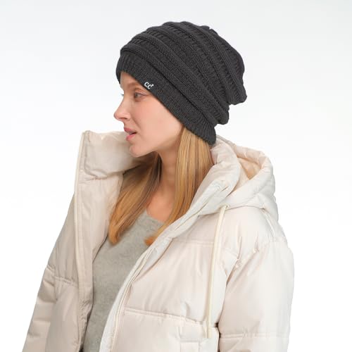 C.C Beanie Oversized Hat with Fuzzy Lining – Thick Knit Thermal Beanie for Cold Weather, Soft Warm Fleece Lined Cap - color: Charcoal Grey