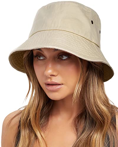FURTALK Bucket Hats for Women Washed Cotton Packable Summer Beach Sun Hats Bucket Hat with Strings for Travel - color: Light Khaki