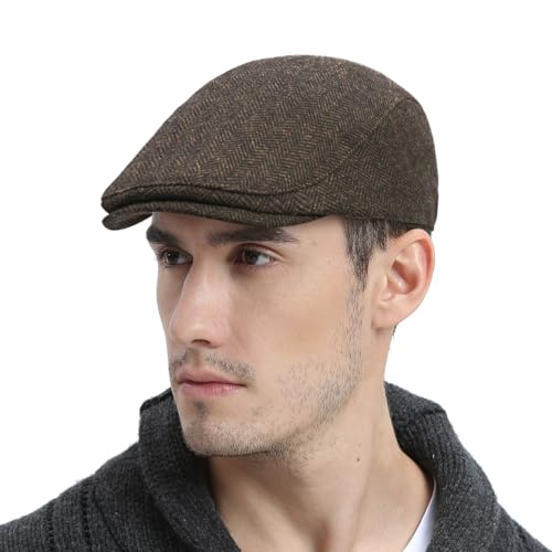 FEINION Men Wool Blend Flat Cap Tweed Newsboy Ivy Hat - color: Herringbone Coffee