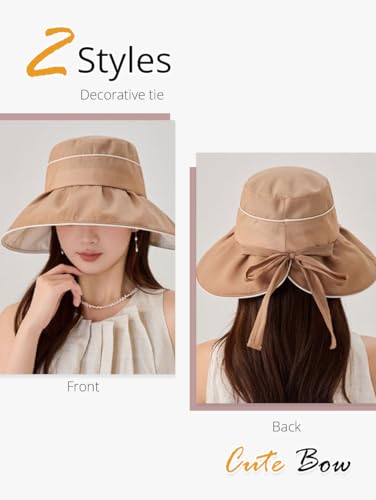 Women Summer Sun Hats Wide Brim Foldable Packable UPF 80+ UV Protection Travel Beach Outdoor Bucket Hat Bow Tie - color: Beige
