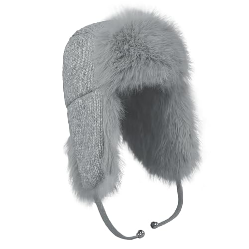 Winter Fuzzy Knit Trapper Hat with Faux Fur Earflap Fleece Lined Windproof Russian Ushanka Cap Ski Snow Hunting Hat - color: Gray