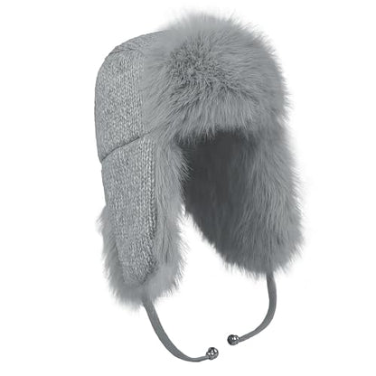 Winter Fuzzy Knit Trapper Hat with Faux Fur Earflap Fleece Lined Windproof Russian Ushanka Cap Ski Snow Hunting Hat - color: Gray