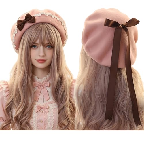 JIAHG Women Girls Sweet Lolita Beret Hat with Detachable Bowknot Painter Hat Woolen French Style Artist Beret Winter Cap - color: Pink Bere With Coffee Bow