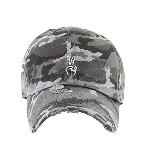 Peace Sign Vintage Baseball Cap Embroidered Cotton Adjustable Distressed Dad Hat - color: Gray Camo