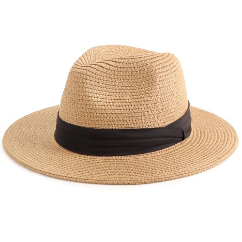 DRESHOW Women Straw Panama Hat Travel Fedora Beach Sun Hat Summer Wide Brim Straw Roll up Hats UPF 50+ - color: Fedora Khaki