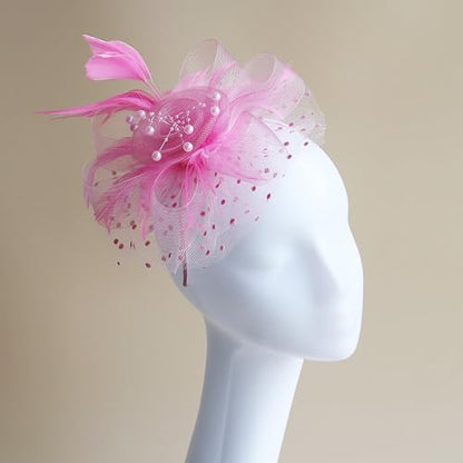 WLBON Fascinators Hat 20s 50s Headband Hair Clips Flower Mesh Veil Feather Headpiece Headwear Women Halloween Carnival Cocktail Wedding Church Cosplay Dress Up Birthday Tea Party Accessories Pink - color: Pink Tone