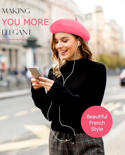 French Beret Hats for Women - Soft Warm Wool Solid Color Beanie Winter Cap - color: Hot Pink