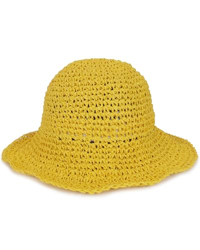 Womens Crochet Straw Sun Hat Foldable Floppy Wide Brim Beach Hat for Summer - color: Yellow