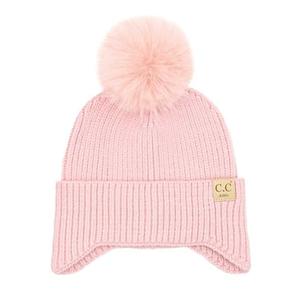 C.C Kids Ear Flap Fur Pom Beanie for Boys Girls - Comfortable Soft Warm Children Youth Knit Skully Hat with Faux Fur Pom - color: Pink