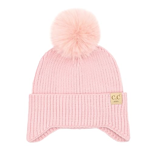 C.C Kids Ear Flap Fur Pom Beanie for Boys Girls - Comfortable Soft Warm Children Youth Knit Skully Hat with Faux Fur Pom - color: Pink