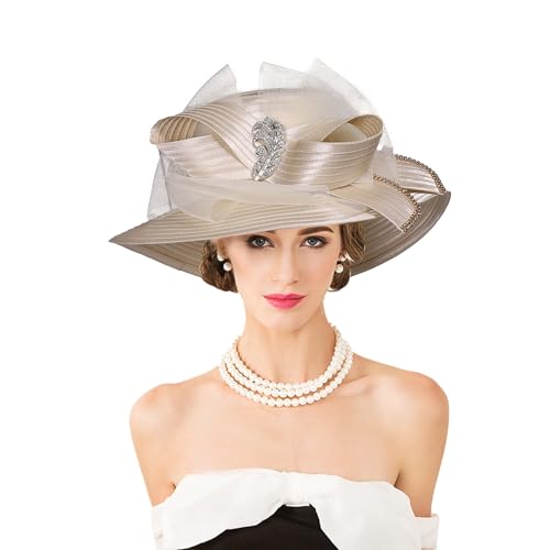 Women Derby Church Dress Fascinator Wide Brim Hats 1920s Vintage Tea Party Wedding Cloche Bowler Hats - color: Champagne