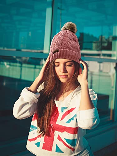 Novarena Thick Cable Knit Faux Fuzzy Fur Pom Fleece Lined Skull Cap Cuff Beanie - color: Coral Pink Pom Beanie