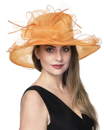 Haojing Women's Organza Church British Fascinator Bridal Tea Party Wedding Hat Summer Ruffles Cap - color: Hj23-orange