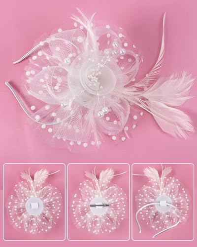 Fascinator Tea Party Hat Set for Women Elegant Vintage Accessories for High Tea Wedding Bridal Shower - color: White