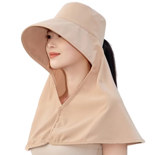 HUAMULAN Women Wide Brim Summer Sun Hat Ponytail Hole with Neck Flap - color: Khaki With Neck Flap