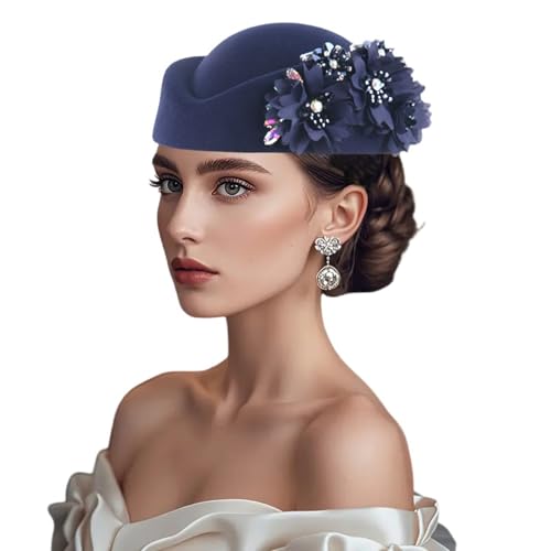 Women Vintage Church Hat Applique Felt Pillbox Hat Fascinator Tea Party Cap - color: Z1-navy