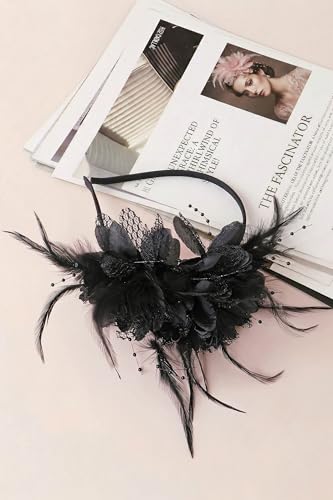 BABEYOND Flower Feather Beads Fascinator Headband for Women Derby Headpiece - color: Black
