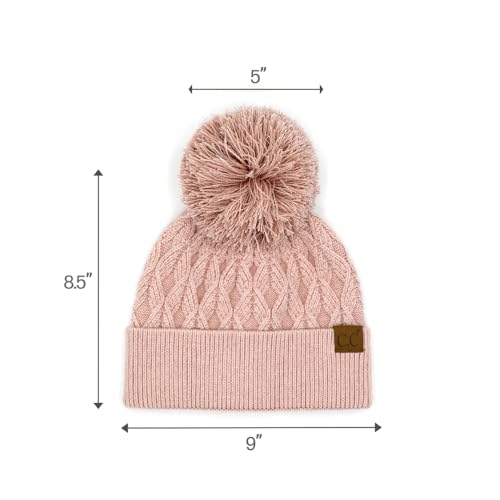 C.C Lurex Cable Pom Beanie for Women - Stretchable Soft Warm Knit Winter Skully Hat with Yarn Pom - color: Rose / Rose Metallic