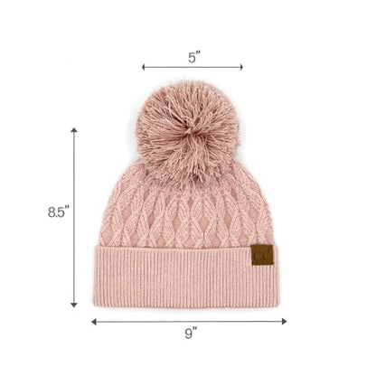 C.C Lurex Cable Pom Beanie for Women - Stretchable Soft Warm Knit Winter Skully Hat with Yarn Pom - color: Rose / Rose Metallic