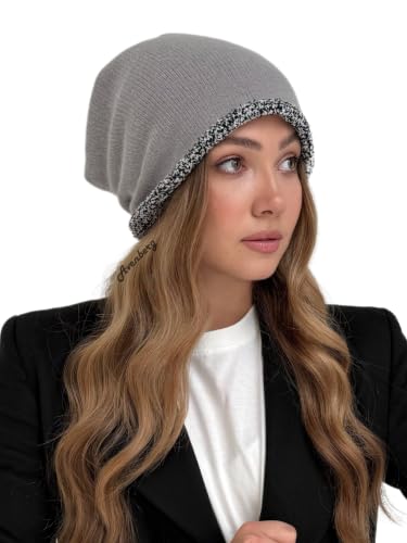 Oversized Slouchy Non-Itchy Knit Beanie Winter Hat for Men & Women - color: Grey / Black & White