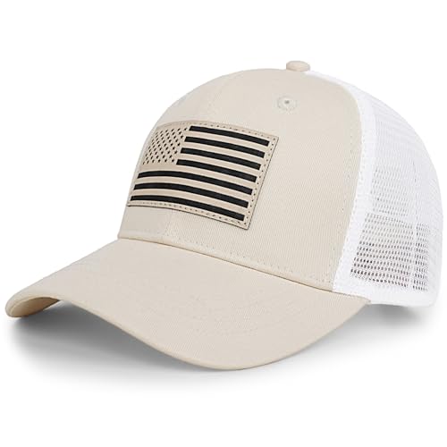 American Flag Trucker Hat - Snapback Hats for Men Women Baseball Cap - Breathable Mesh & Adjustable Fit for Casual Wear - color: Light Beige