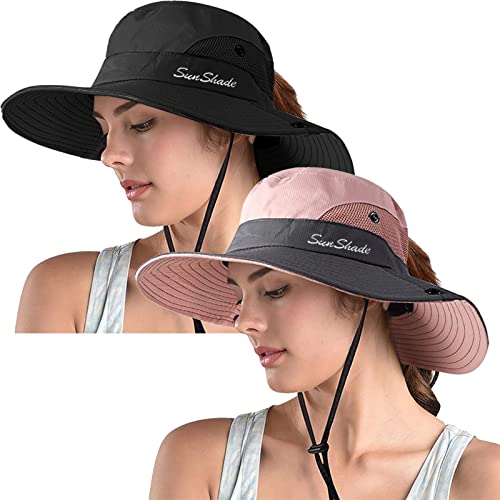 ZOORON Women's Ponytail Safari Sun Hat,Wide Brim UV Protection Bucket Hat - color: 2-black+pink