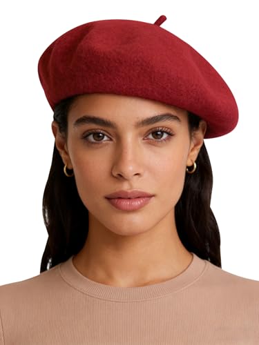 Sumolux Women Beret Hat Wool Vintage French Solid Color Classic Winter Cap - color: Red C