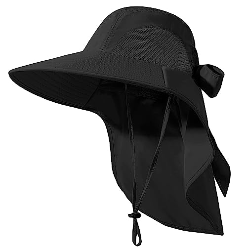 Womens Sun Hat UV Protection, Foldable Waterproof Wide Brim Bucket Hats with Neck Flap for Summer Beach Fishing Hiking - color: Black