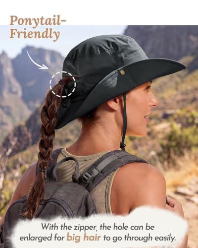 2-in-1 Womens Bucket Sun Hats, Sun Visor Hat, UPF 50+ Wide Brim, Ponytail-Friendly, Packable, Hiking Outdoor - color: Dark Grey