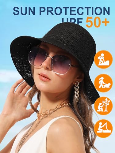 Womens Sun Hat Handmade Foldable Straw Bucket Hat Summer Crochet Travel Cap - color: Black, size: Small