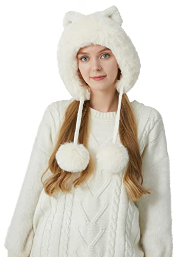 HUAMULAN Women Winter Sherpa Knit Beanie Hat Fleece Lined Ear Flaps - color: Cream White