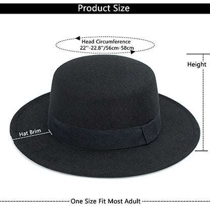 Classic Fedora Flat Top Hat Pork Pie Hat Felt Boater Church Derby Cap for Men/Women - color: Black