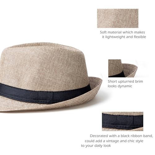 Classic Short Brim Fedora Summer Beach Trilby Hat - color: Black Band-beige