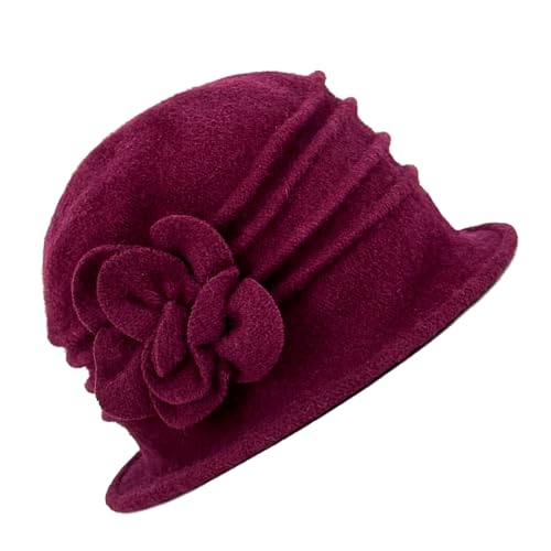 YING LAN Women Beret Hat Cloche Bucket Hat Vintage Floral Wool Classic Winter Hat 1920s - color: B-wine Red