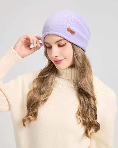 100% Merino Wool Slouchy Beanie Hat, Women Warm Winter Caps Soft, Ladies Breathable & Cozy Stretchy Knitted Skull Cap - color: Lavender Purple