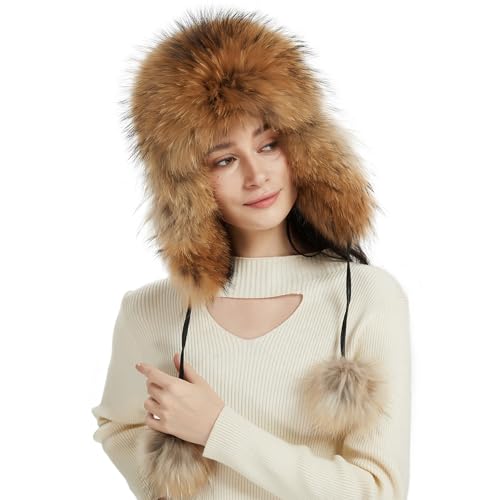 Women Real Fur Trapper Hat Sheepskin Leather Aviator Hat Ear Flaps Ushanka Hat Snow Hat with Pom Pom - color: Raccoon