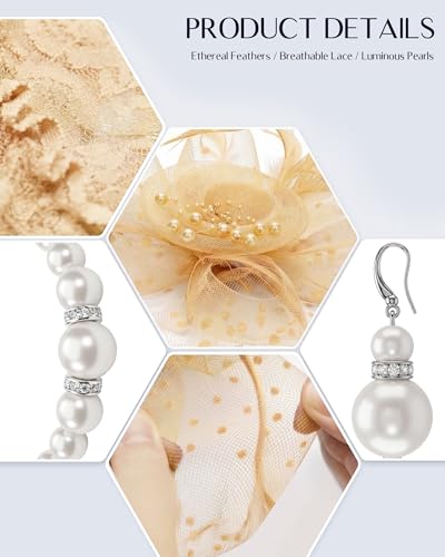 Fascinators Hat for Women Tea Party Fascinator Headband with Gloves Tea Party Accessories for Ladies - color: Beige Gold