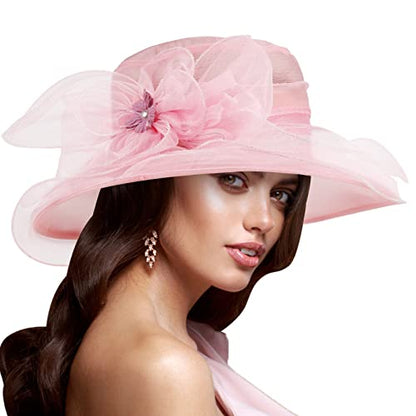 AQOKKA Women Organza Church Fascinators Kentucky Derby Hats for Women and Girls Wedding Flower Tea Party Hat with Wide Brim - color: Simulated Flower : Pink