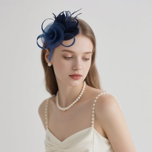 AMCAMI Fascinators Hats with Feather for Women 2026 Derby Hats Small Tea Party Hat with Headband - color: Navy Blue