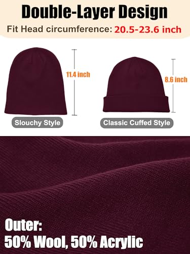 Womens Satin Lined Beanie Wool Silk Lining Slouchy Warm Skull Cap - color: 1pcs Wine Red