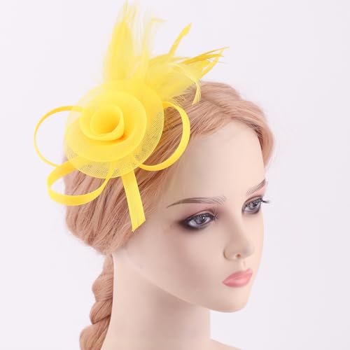 DRESHOW Fascinators Hats for Women Tulle Feather Tea Party Fascinator Hats - color: Bright Yellow