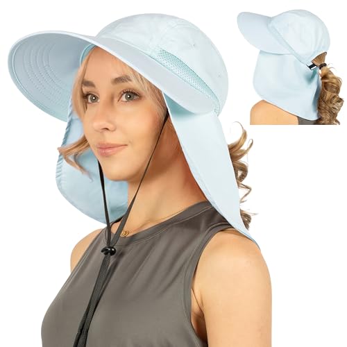 SUN CUBE Womens Sun Hat UPF 50+ with Ponytail Hole & Neck Flap - color: Light Blue