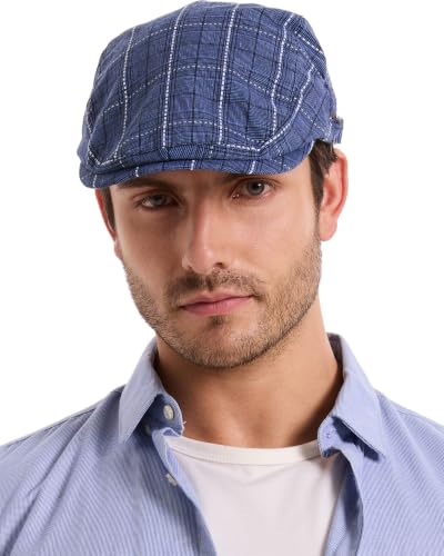 ZLYC Men Cotton Flat Cap Summer Scally Newsboy Beret Driver Hat - color: Plaid Blue